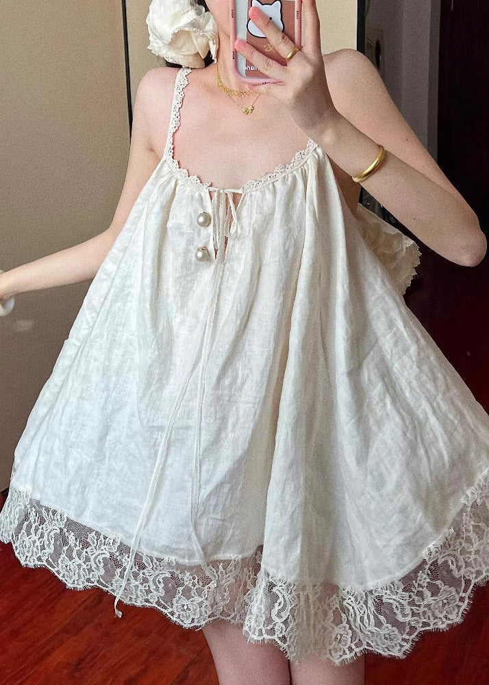 Beige Oversized Patchwork Lace Mini Dress Summer