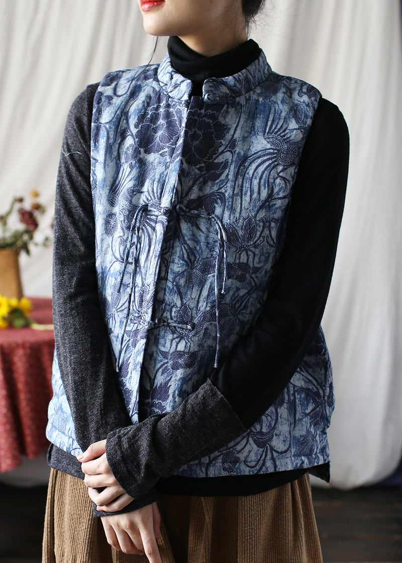 Blue Tassel Print Fine Cotton Filled Vest Tops Sleeveless