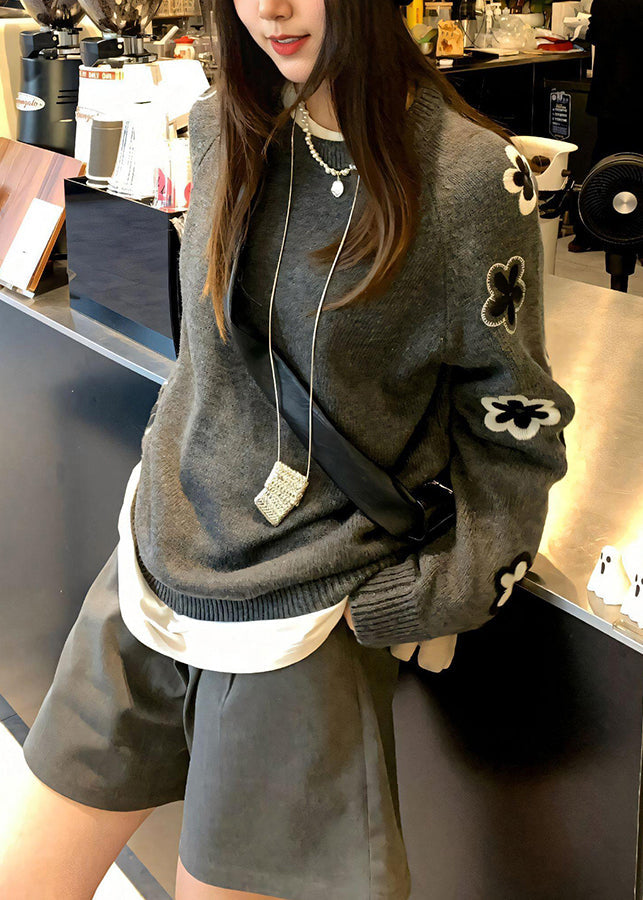Grey O Neck Knit Sweater Tops Fall