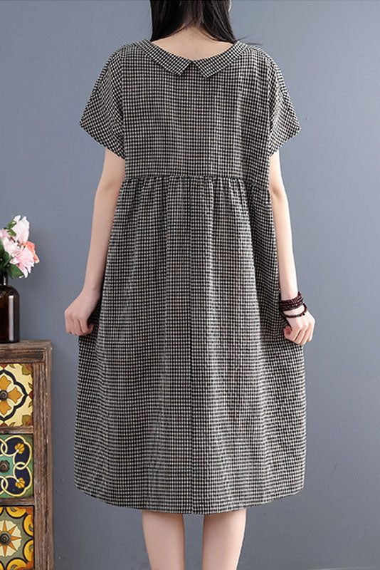 Summer Retro Loose Shirt Skirt Plaid Cotton Linen Dress