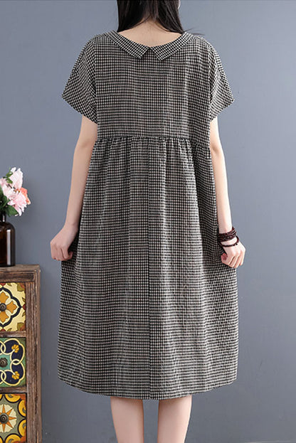 Summer Retro Loose Shirt Skirt Plaid Cotton Linen Dress