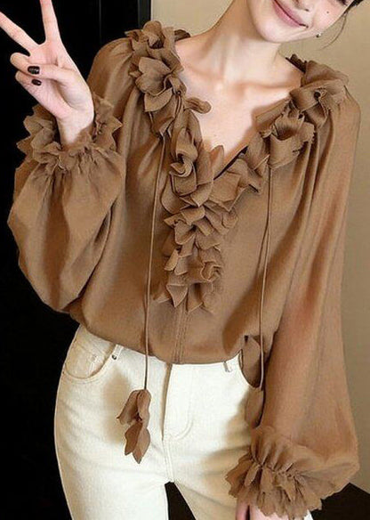 French Khaki Ruffled Lace Up Chiffon Shirts Spring