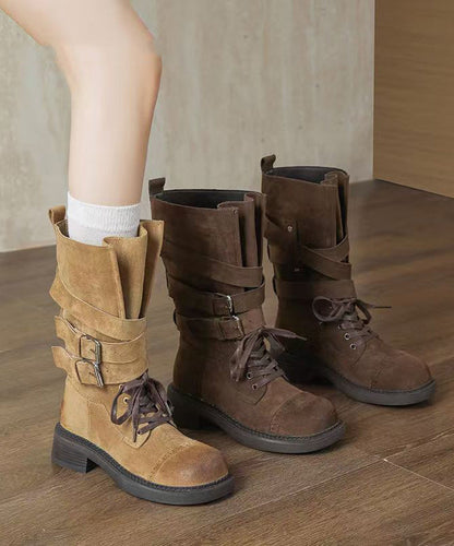 Coffee Suede Lace Up Splicing Chunky Boots