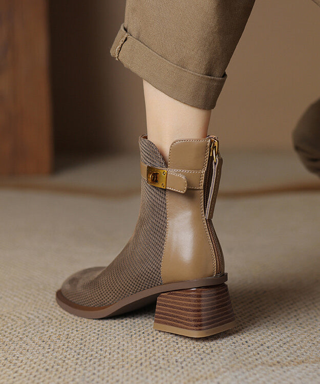 Zippered Splicing Chunky Boots Khaki Cowhide Leather