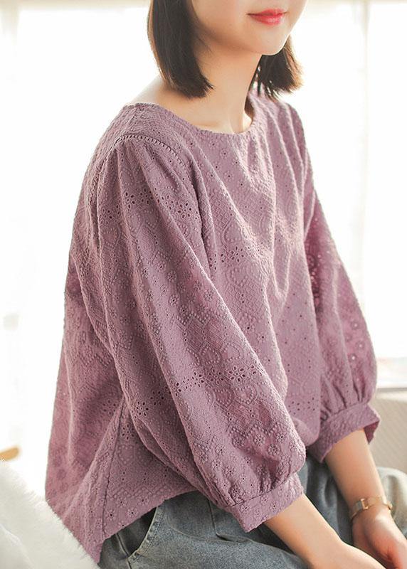 Purple Embroidered Lantern Sleeve Asymmetrical Design Cotton Blouse Top Summer