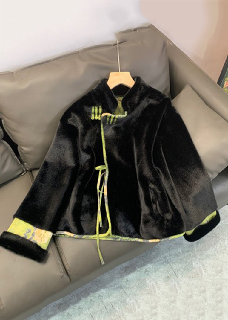 Green Patchwork Tie Waist Fuzzy Fur Fluffy Mink Velvet Coat Winter