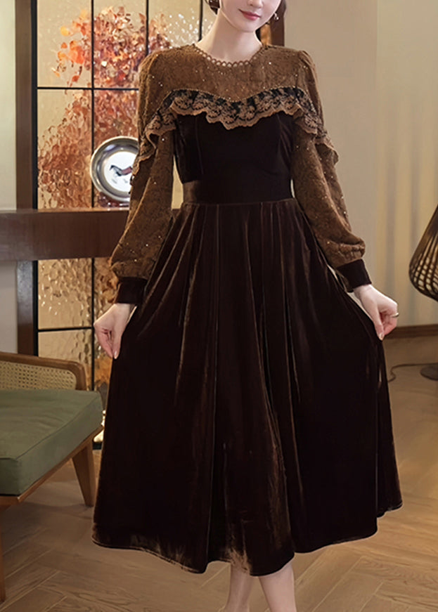 Coffee Lace Patchwork Silk Velvet Dress Spring