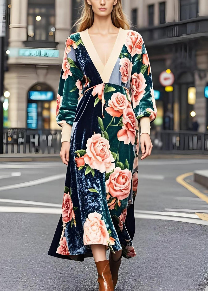 Colorblock V Neck Patchwork Print Silk Velvet Dresses Fall
