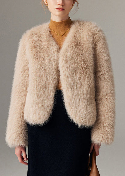Classy Beige V Neck Warm Leather and Fur Coat Winter