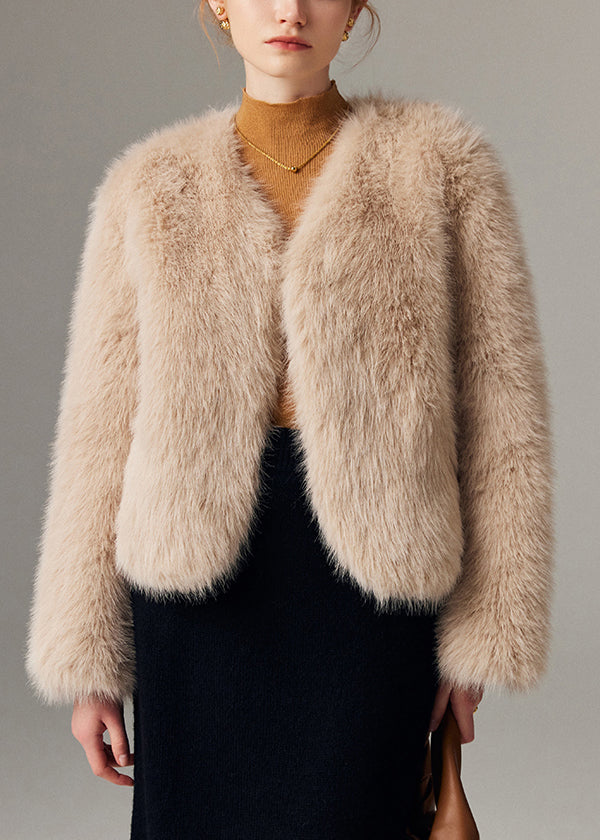 Classy Beige V Neck Warm Leather and Fur Coat Winter