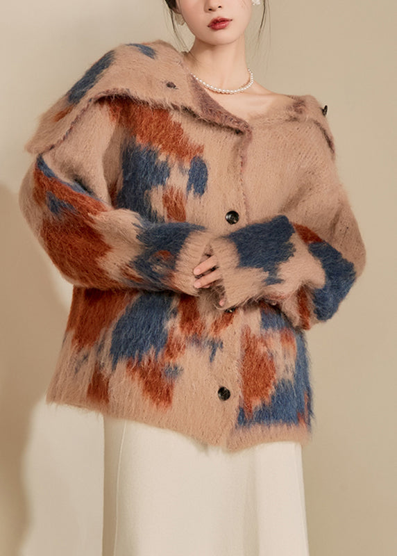 Brown Print Button Cotton Knit Cardigan Winter