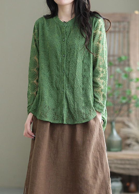 Green Lace Tops Asymmetrical Embroidered O-neck Spring