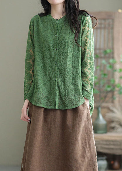 Green Lace Tops Asymmetrical Embroidered O-neck Spring