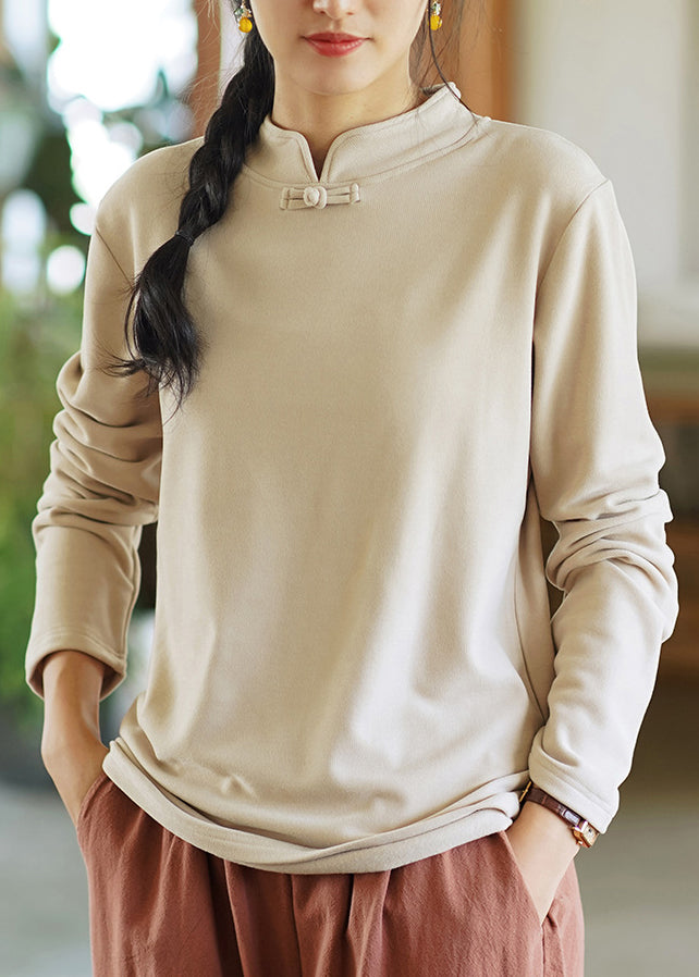 New Versatile Yellow Stand Collar Cotton T Shirt Top Spring