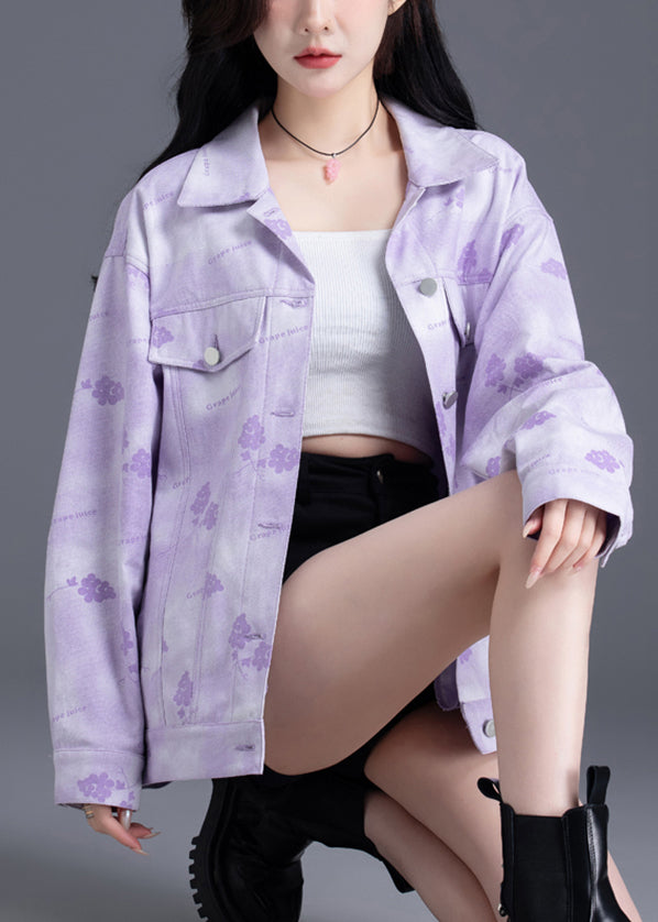 Purple Oversized Print Denim Coat Outwear Spring
