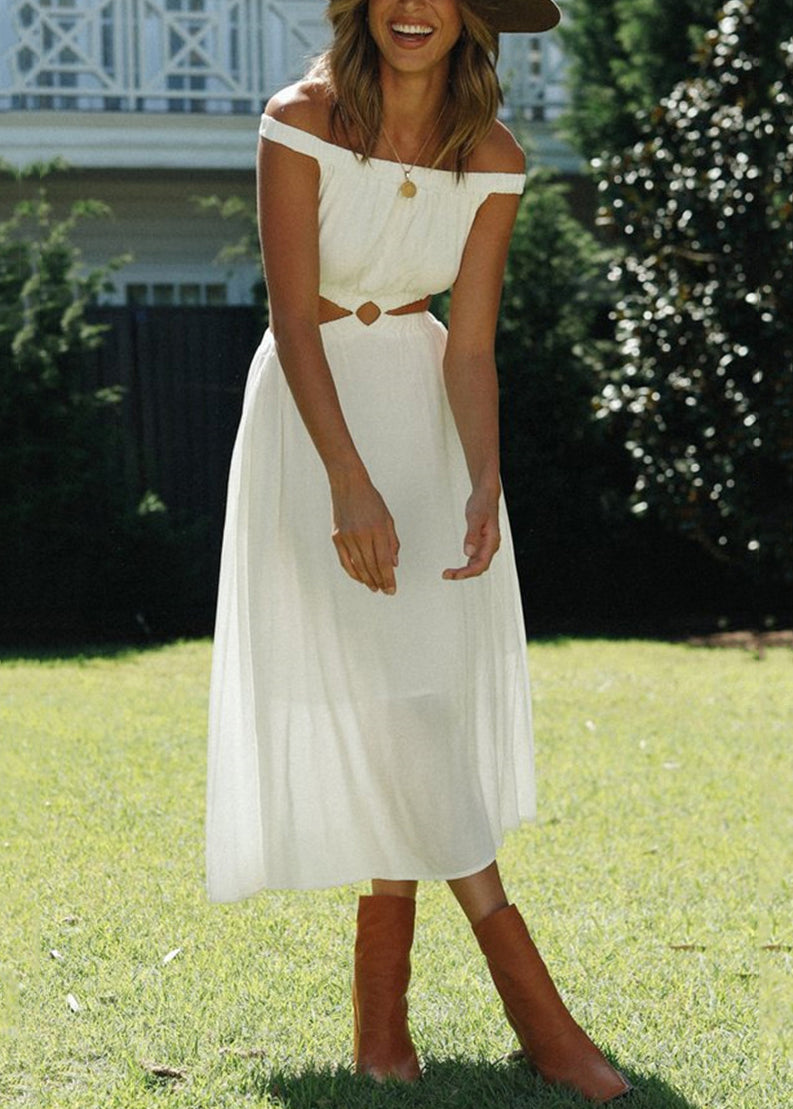 White Slash Neck Hollow Out Cotton Dresses Sleeveless