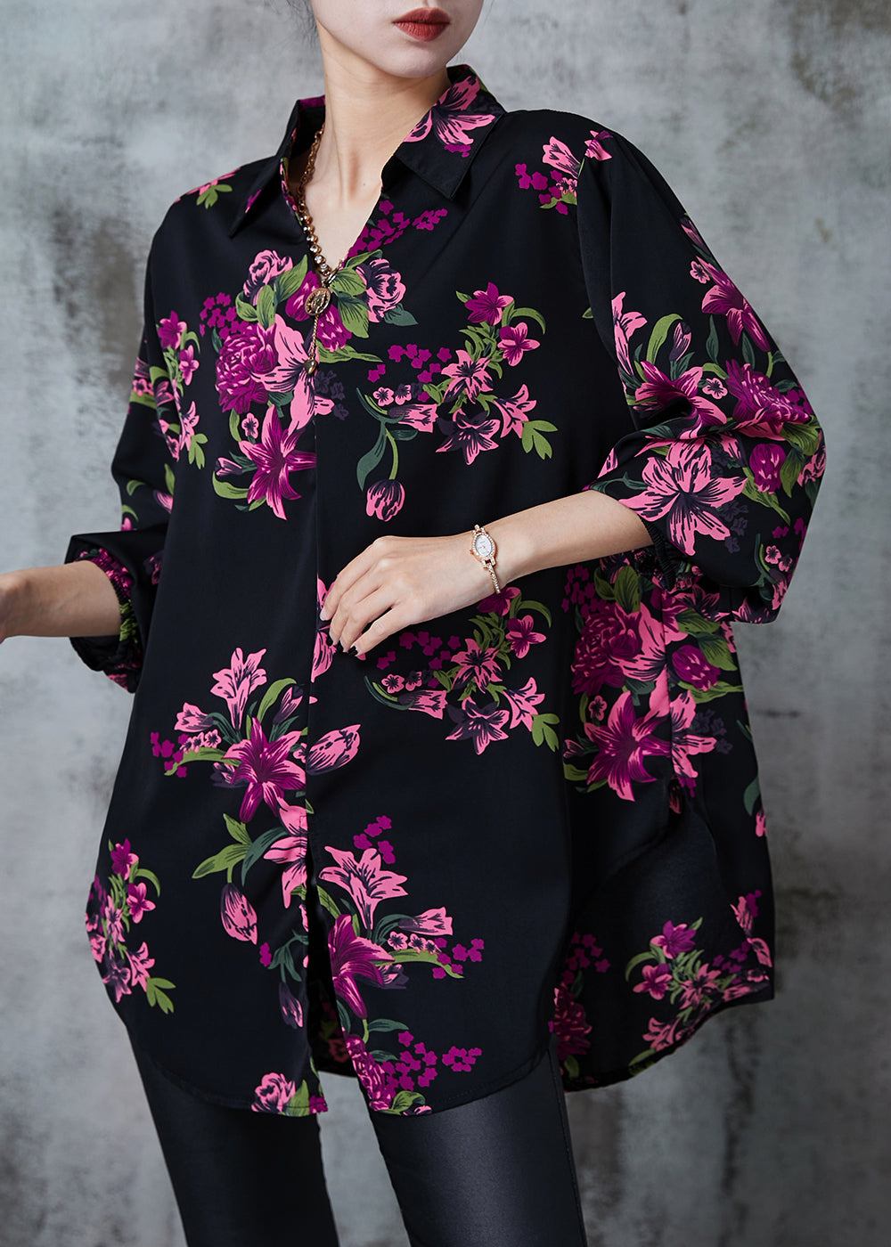 Purple Oversized Print Silk Blouse Top Summer
