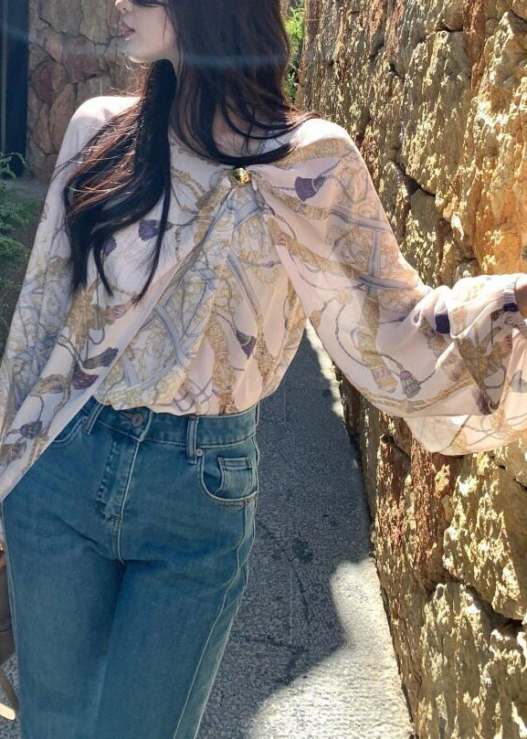 Beige Asymmetrical Print Chiffon Shirt Spring