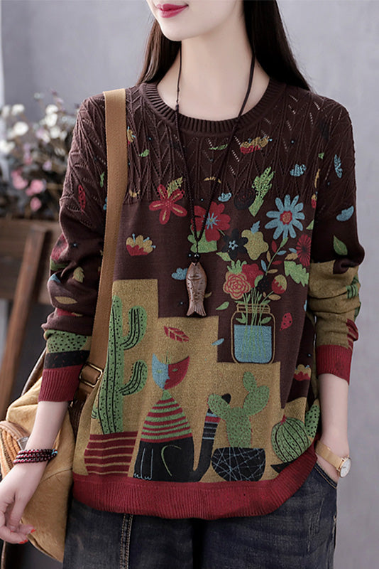 New Printed Knit Sweater Round Neck Loose Sweater