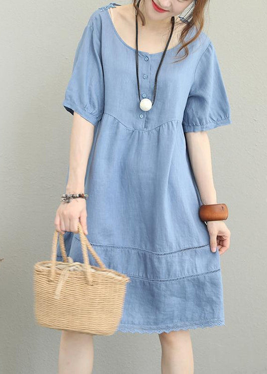 Stylish Light Blue Linen Shift Dress Oversize Shirt Dress Patchwork Lace Hollow Out Linen Cotton Dress