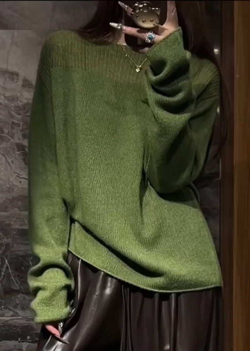 Green O Neck Hollow Out Cozy Knit Sweaters Fall
