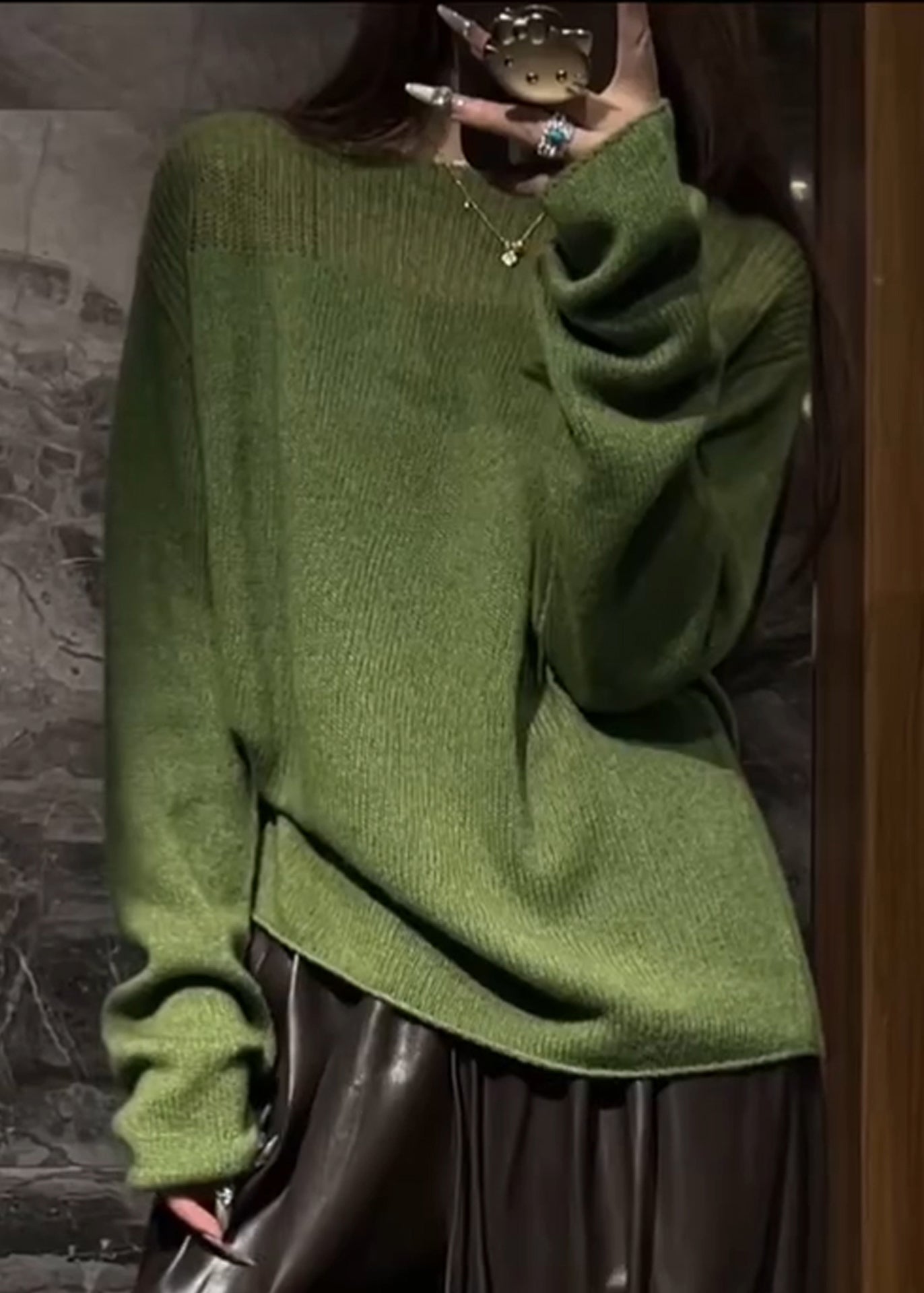 Green O Neck Hollow Out Cozy Knit Sweaters Fall