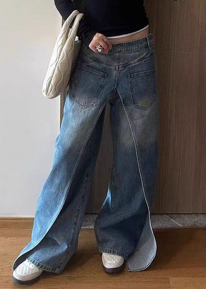 Blue Wear on Both Sides Patchwork Denim Pants Fall