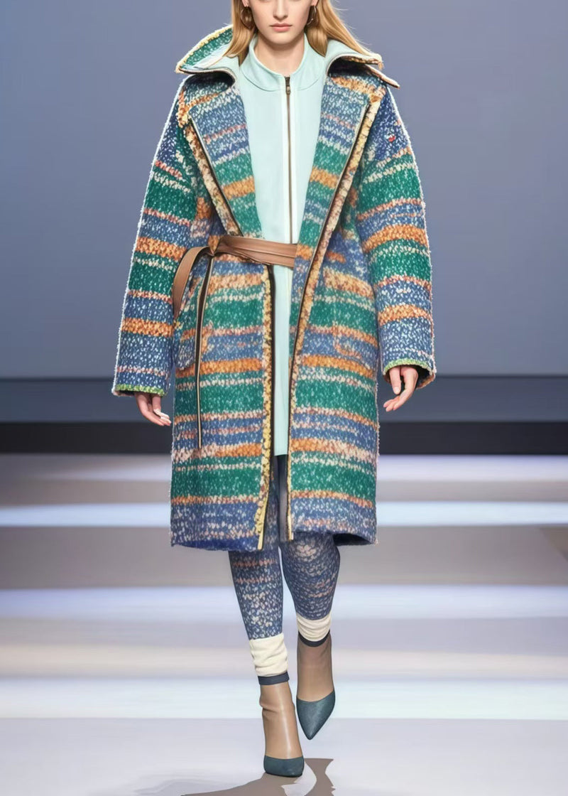 Colorblock Oversized Striped Woolen Trench Fall