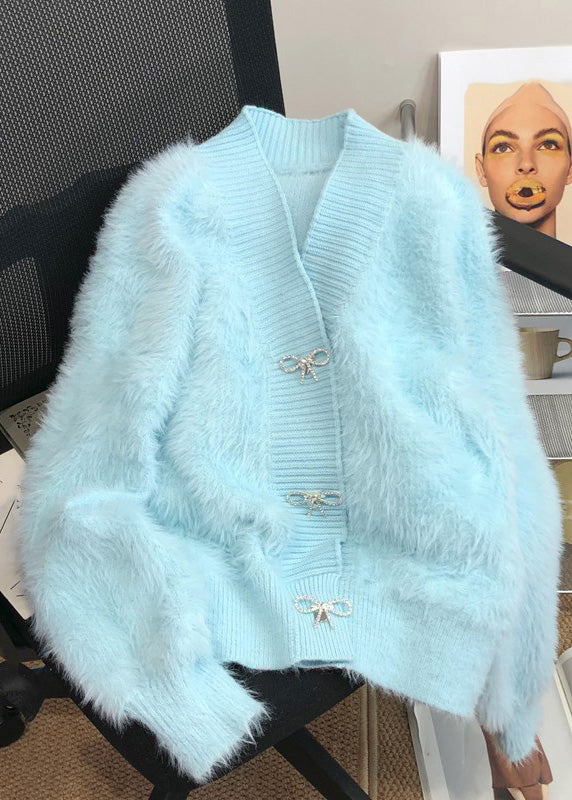 Pink V Neck Button Mink Hair Knitted Cardigan Winter