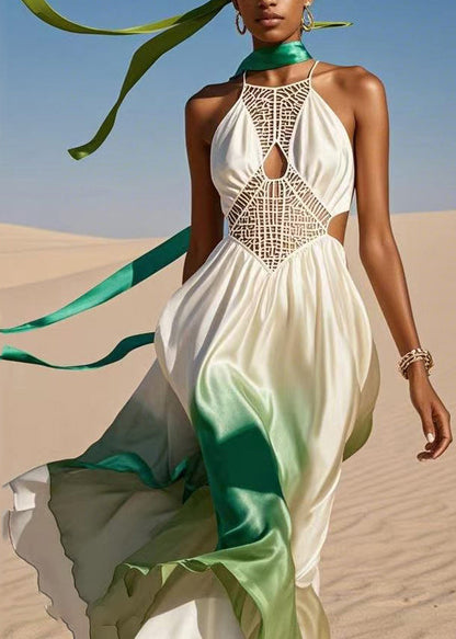Colorblock Asymmetrical Hollow Out Cold Shoulder Silk Maxi Dress Summer