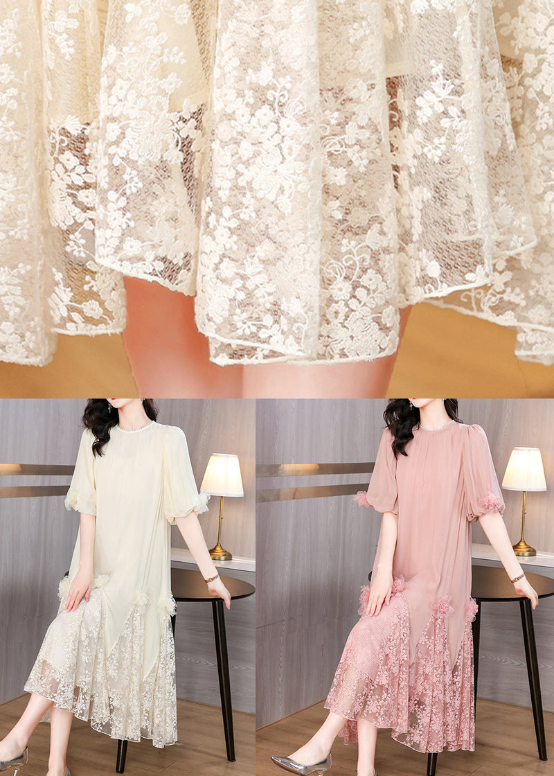 Beige Florallace Patchwork Long Dresses O-neck Summer