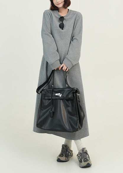 Grey O Neck Loose Cotton Straight Dresses Fall