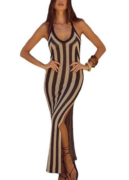 European and American Striped Side Open Knitted Dress