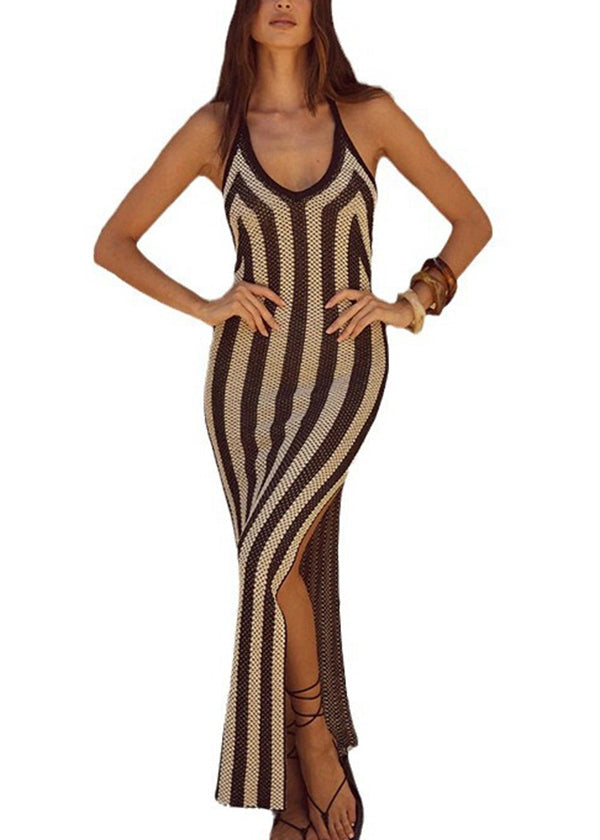 European and American Striped Side Open Knitted Dress