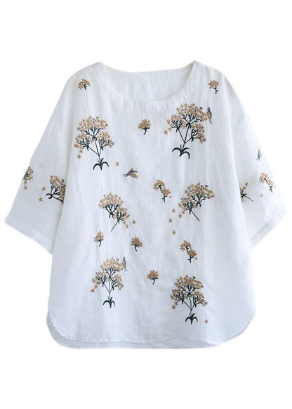 White O-neck Embroidered Summer Linen Tops Half Sleeve
