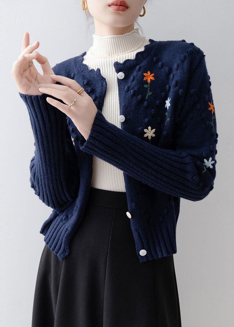 Navy Embroidered Fuzzy Ball Decorated Knit Jacket Winter