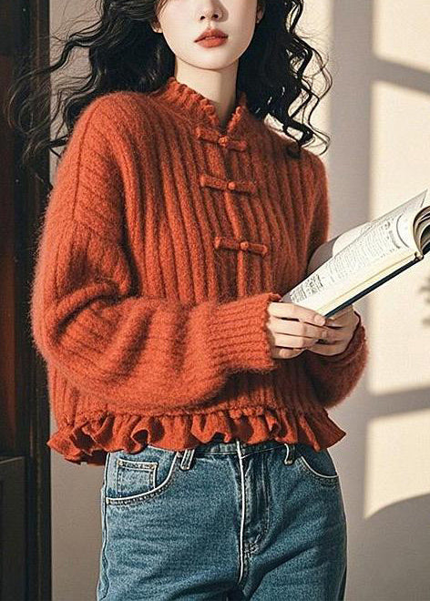 Red Ruffled Chinese Button Knit Short Sweater Spring