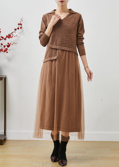 Khaki Jacquard Patchwork Wool Tulle Dress Summer
