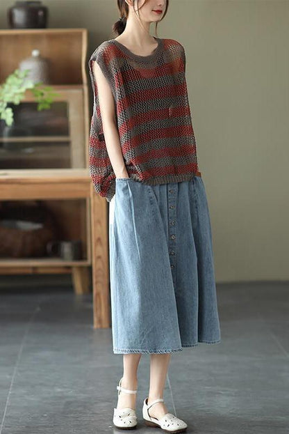 Hollow Out Stripes O Neck Sleeveless Vest Top