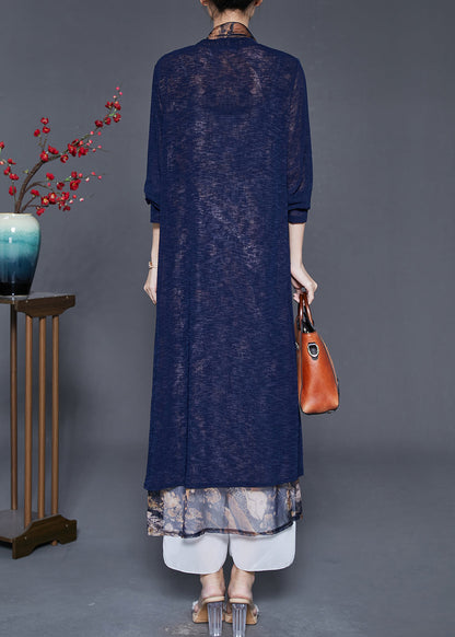 Navy Patchwork Silk Cardigan Fake Two Piece Summer