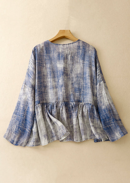 Blue O Neck Tie Dye Patchwork Cotton Shirts Spring