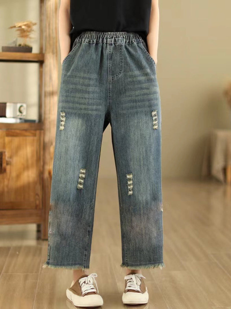 Summer Retro Embroidery Frayed Straight Denim Pants