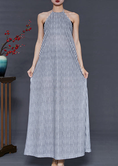 Grey Striped Backless Cotton Beach Dress Summer
