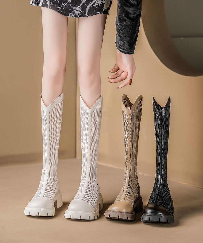 Khaki Breathable Mesh Chunky Cowhide Leather Splicing Boots