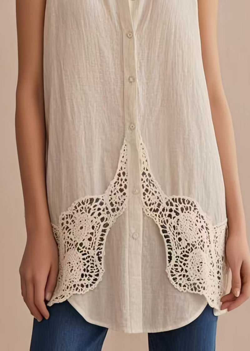 White Peter Pan Collar Patchwork Linen Shirts Sleeveless