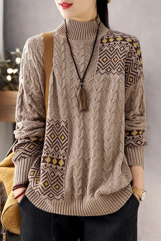 -retro Contrast Sweater Loose Turtleneck Sweater