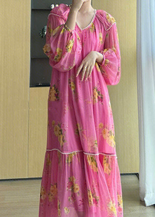 Pink V Neck Print Patchwork Chiffon Long Dresses Fall