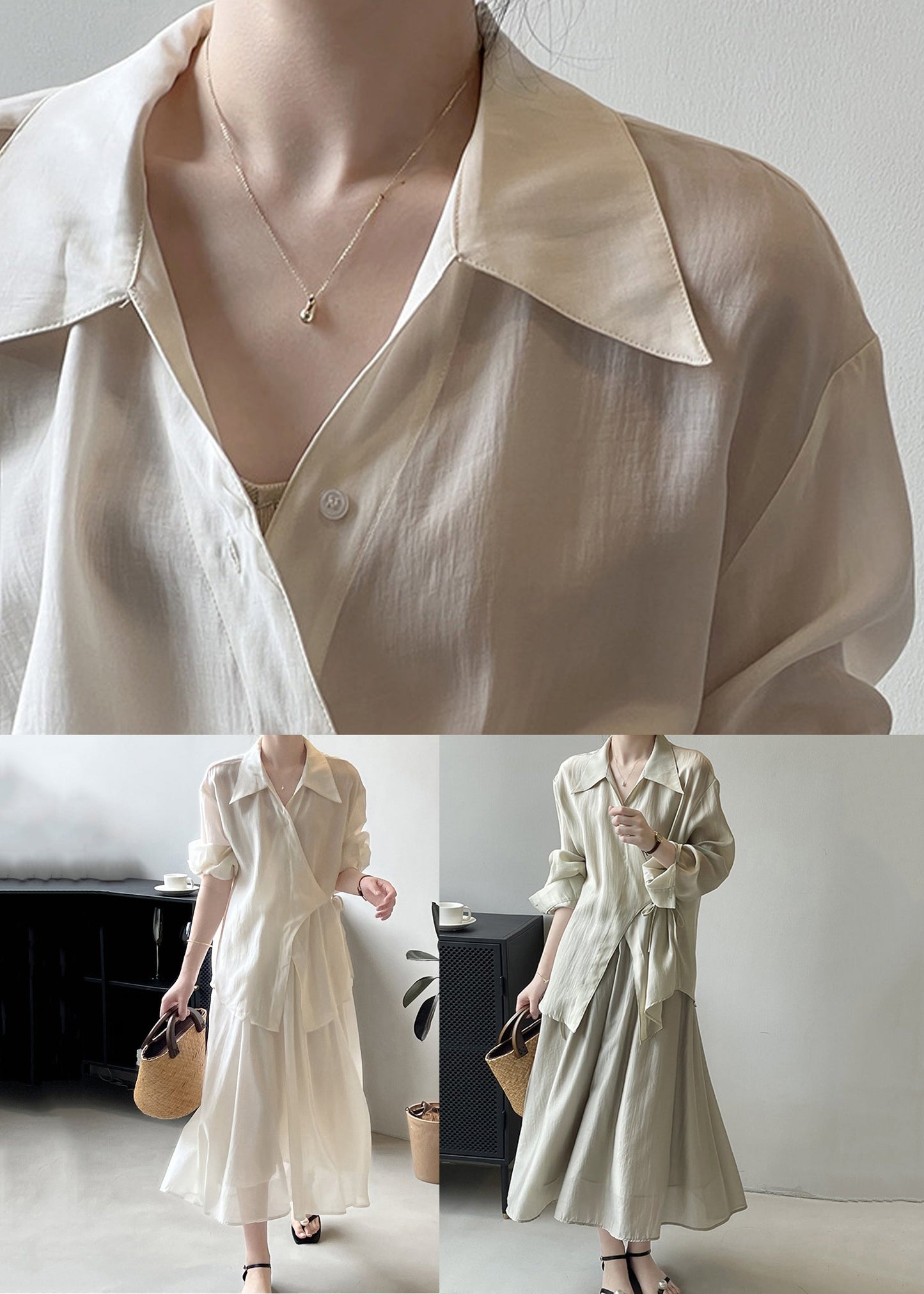 Beige Lace Up Shirts and Skirts Two Pieces Set Fall