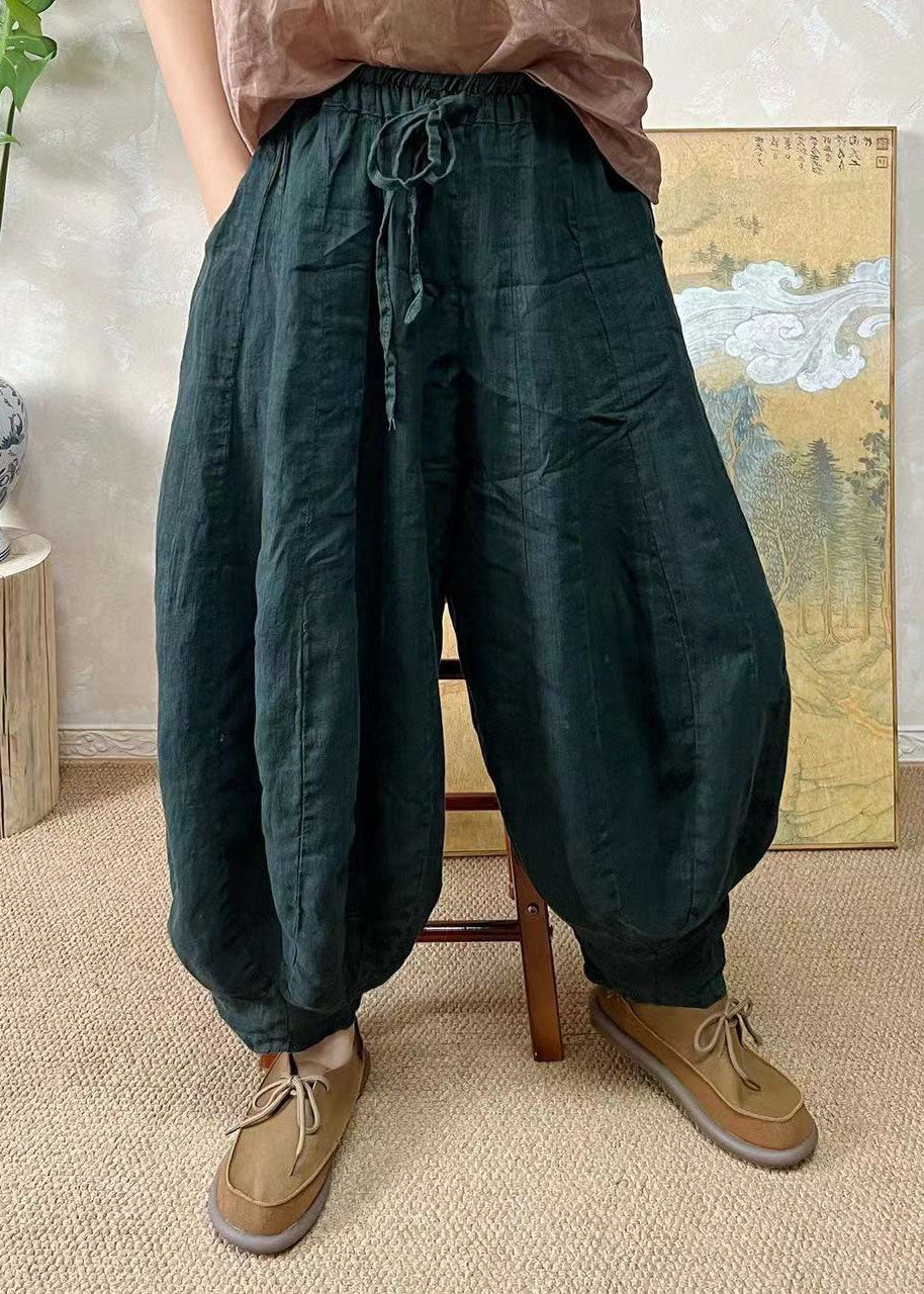 Blackish Green Elastic Waist Linen Lantern Pants Summer