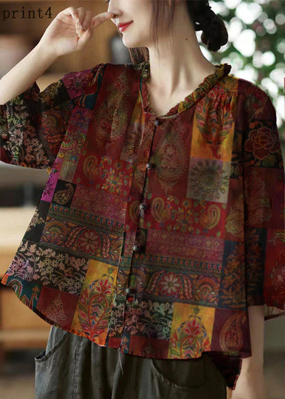 Pink-print4 V Neck Ruffled Print Linen Blouse Top Half Sleeve